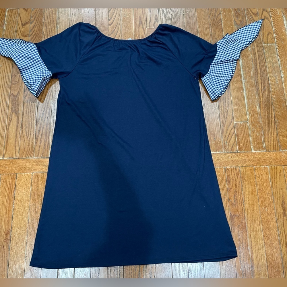 Espresso Navy dress with Gingham Sleeves